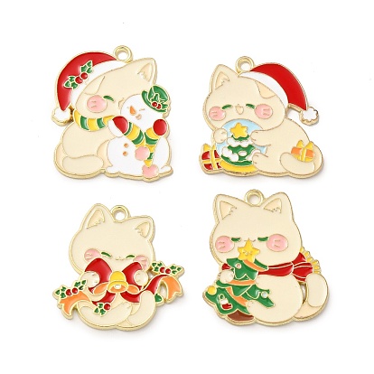 Christmas Theme Alloy Enamel Pendants, Light Gold, Cat with Christmas Tree/Bell/Snowman Charm