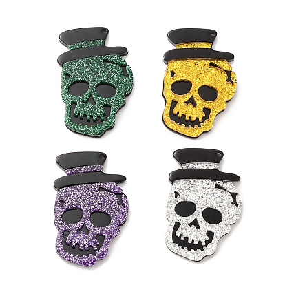 Halloween Acrylic Pendants,  with Sequins, Skull with Hat Charm
