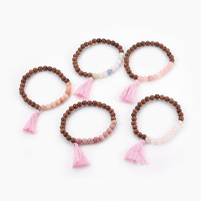 Natural Mixed Stone Beads Bracelets, with Wood Beads and Cotton Thread Tassels Pendant