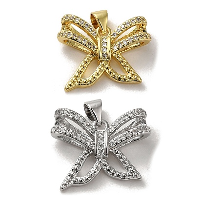 Rack Plating Brass Micro Pave Clear Cubic Zirconia Pendants, Lead Free & Cadmium Free, Long-Lasting Plated, Bowknot