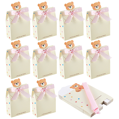 10Pcs Bear Folding Paper Gift Boxes, for Presents Candies Cookies Wrapping, with Polyester Ribbon