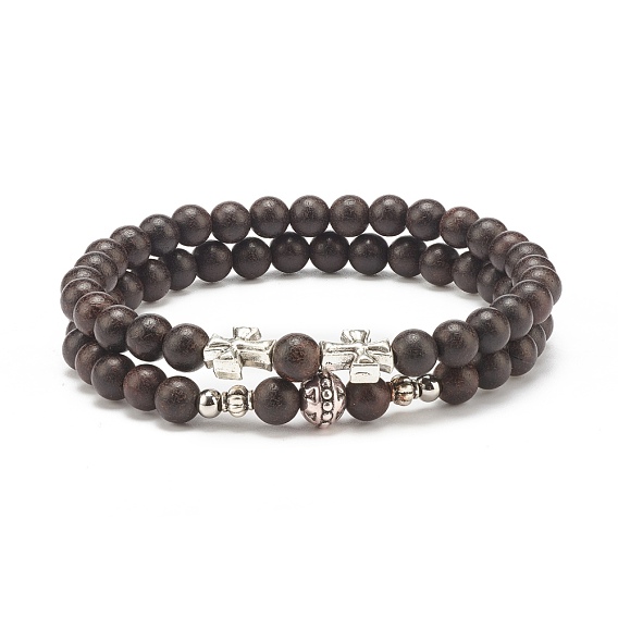Wood Beaded Stretch Bracelet Sets, Cross Alloy Stackable Bracelets for Women or Men