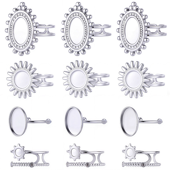 16 шт. 4 стили 304 компоненты открытого манжетного кольца из нержавеющей стали, настройка кольца колодки, овал и солнце