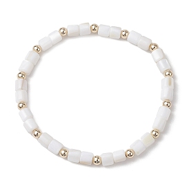 Natural Freshwater Shell Column Beaded Stretch Bracelets for Women, with Brass Spacer Beads