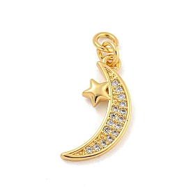 Rack Plating Brass Micro Pave Cubic Zirconia Pendants, Cadmium Free & Lead Free, Long-Lasting Plated, Moon with Star