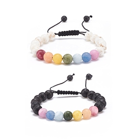 2Pcs 2 Style Natural Mixed Stone Round Braided Bead Bracelets Set for Women