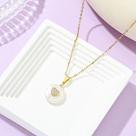 Natural Keshi Pearl Coin with Heart Pendant 304 Stainless Steel Cable Chain Necklaces for Women, White