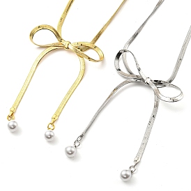 Brass Pendant Necklaces, with Plastic Imitation Pearl Pendant, Bowknot