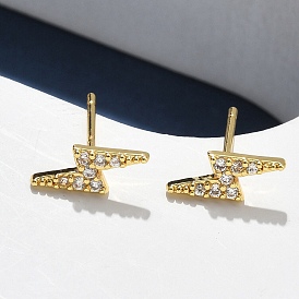 Серьги-гвоздики из латуни с микропаве из прозрачного кубического циркония с молнией, без кадмия и без свинца, стойки покрытие, долговечный