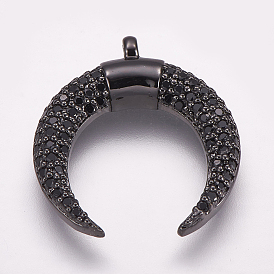 Brass Micro Pave Cubic Zirconia Pendants, Double Horn/Crescent Moon