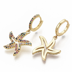 Brass Micro Pave Colorful Cubic Zirconia Dangle Hoop Earrings, Starfish/Sea Stars, Real 16K Gold Plated