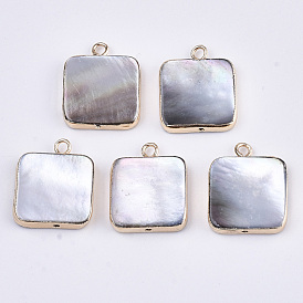 Natural Black Lip Shell Pendants, with Edge Brass Golden Plated and Iron Loops, Half Drilled, Square