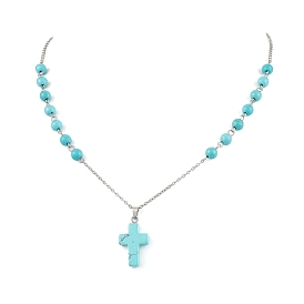 Cross Synthetic Turquoise Pendant Necklaces, 304 Stainless Steel Cable Chain Necklaces