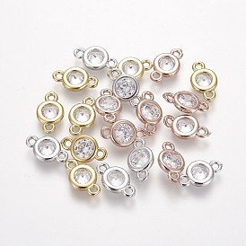 Brass Micro Pave Cubic Zirconia Links, Long-Lasting Plated, Flat Round