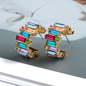 Colorful Crystal C-shaped Earrings with Fashionable and Elegant Style
