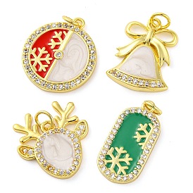 Christmas Series Brass Micro Pave Cubic Zirconia Pendants, with Enamel, Long-Lasting Plated