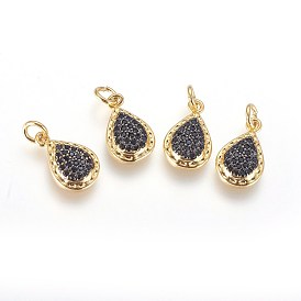 Brass Micro Pave Cubic Zirconia Charms, with Jump Ring, Cadmium Free & Lead Free, Teardrop, Black