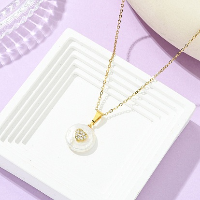 Natural Keshi Pearl Coin with Heart Pendant 304 Stainless Steel Cable Chain Necklaces for Women, White