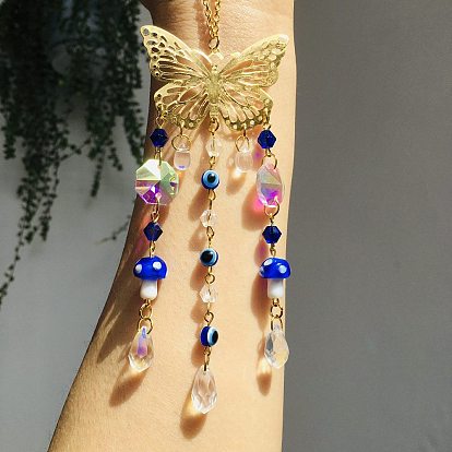 Brass Hollow Butterfly Hanging Ornaments, Handmade Lampwork & Glass Tassel Suncatcher for Window Garden Decoration