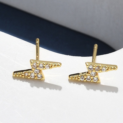 Серьги-гвоздики из латуни с микропаве из прозрачного кубического циркония с молнией, без кадмия и без свинца, стойки покрытие, долговечный