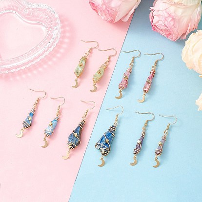 Натуральный кристалл кварца мотаться серьги, с латунной звездой и 201 луной из нержавеющей стали и 304 крючками для сережек из нержавеющей стали