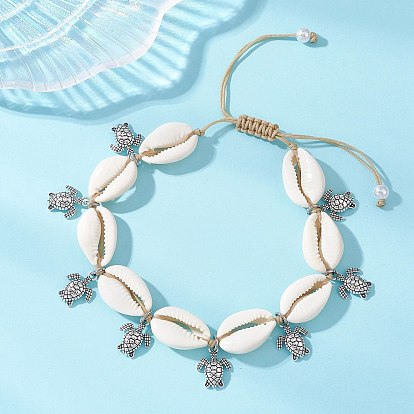 Регулируемые браслеты на лодыжку из сплава с подвесками в виде морских черепах, украшенные натуральными каури и плетеными бусинами, для женщин., античное серебро