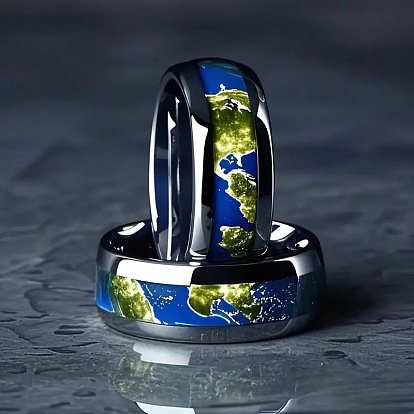 201 Stainless Steel Epoxy Resin World Map Pattern Finger Rings, Silver