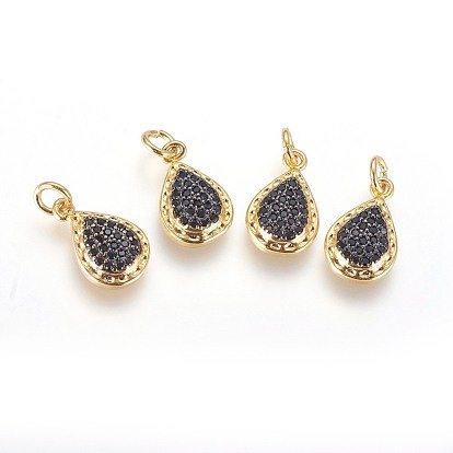 Brass Micro Pave Cubic Zirconia Charms, with Jump Ring, Cadmium Free & Lead Free, Teardrop, Black