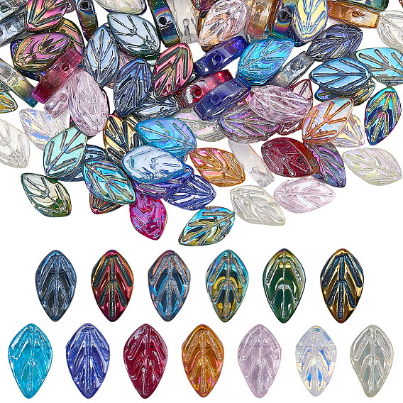 156Pcs 13 Colors Electroplate Glass Beads, Leaf