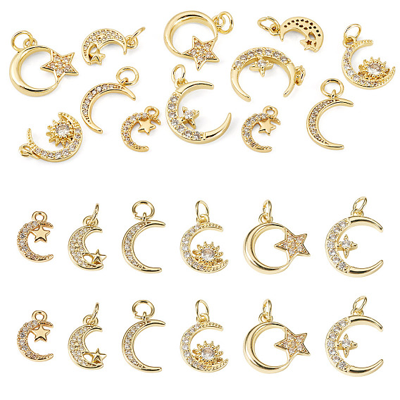 12Pcs 6 Styles Brass Micro Pave Cubic Zirconia Pendants, Lead Free & Cadmium Free, Long-Lasting Plated, Rack Plating, Real 18K Gold Plated, with Jump Ring