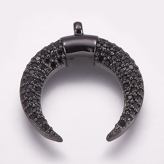 Brass Micro Pave Cubic Zirconia Pendants, Double Horn/Crescent Moon