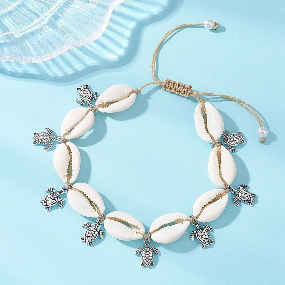 Регулируемые браслеты на лодыжку из сплава с подвесками в виде морских черепах, украшенные натуральными каури и плетеными бусинами, для женщин., античное серебро