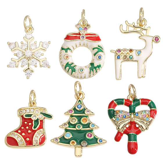 6 шт. 6 стили подвески из латуни со стразами на рождественскую тематику, Эмаль стиле, с целью перехода в кольце, золотые