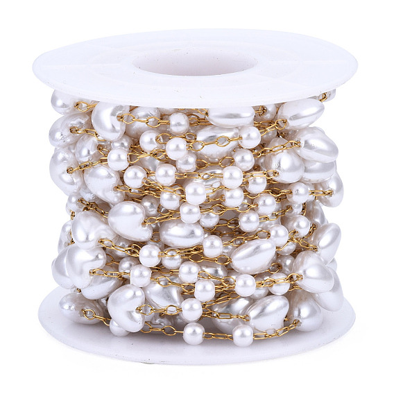 ABS Plastic Pearl Heart and Round Beaded Chains, with Golden 316 Stainless Steel Cable Chains, Soldered, with Spool