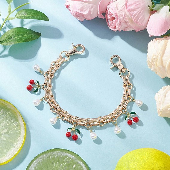 Ручки для сумок с железной цепью, вишня, с подвеской из АБС-пластика с имитацией жемчуга и эмалевым сплавом