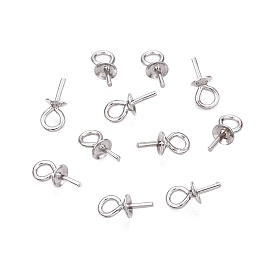 Rhodium Plated 925 Sterling Silver Cup Pearl Bail Pin Pendants, for Half Drilled Beads