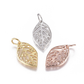 Brass Pendants, with Micro Pave Cubic Zirconia and Jump Rings, Leaf