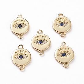 Brass Micro Pave Clear & Royal Blue Cubic Zirconia Links Connectors, Flat Round with Eye