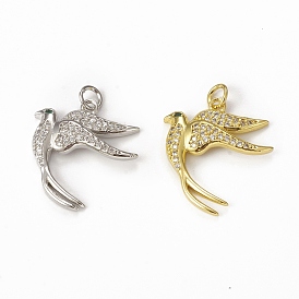 Brass Micro Pave Cubic Zirconia Bird Pendants, with Jump Ring, Swallow Charm