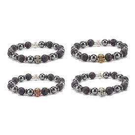 4Pcs 4 Color Natural Lava Rock & Synthetic Hematite Stretch Bracelets Set, Cross and Skull Alloy Beaded Bracelets for Women