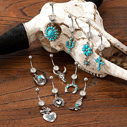 Ковбойская тема 304 изогнутые кольца для живота в форме штанги из нержавеющей стали с паве из синтетической бирюзы, античное серебро