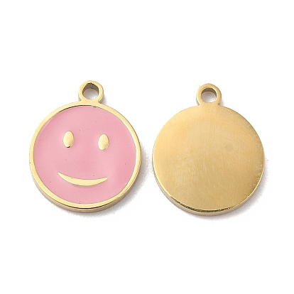 Ion Plating(IP) 316L Surgical Stainless Steel Charms, with Enamel, Flat Round with Smiling Face Charm