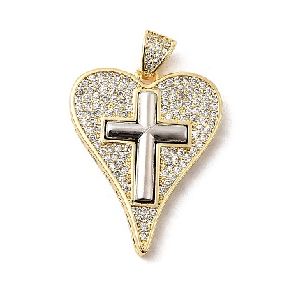 Латунные микро проложить кубического циркония подвески, сердце с крестными прелестями, стойки покрытие, долговечный, без свинца и без кадмия