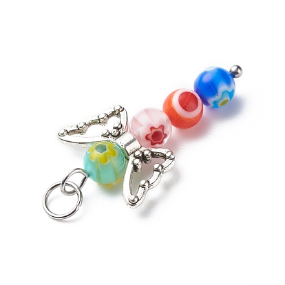 Handmade Millefiori Glass Pendants, with Tibetan Style Alloy Beads and 304 Stainless Steel Jump Rings, Angel