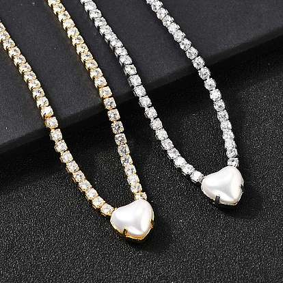 Теннисные ожерелья с прозрачными кубическими цирконами и латунным паве, ожерелья с подвесками из искусственного жемчуга белого АБС, стойки покрытие, долговечный, без свинца и без кадмия