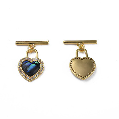 Brass Micro Pave Clear Cubic Zirconia Toggle Clasps, with Synthetic Abalone Shell/Paua Shell, Nickel Free, Heart