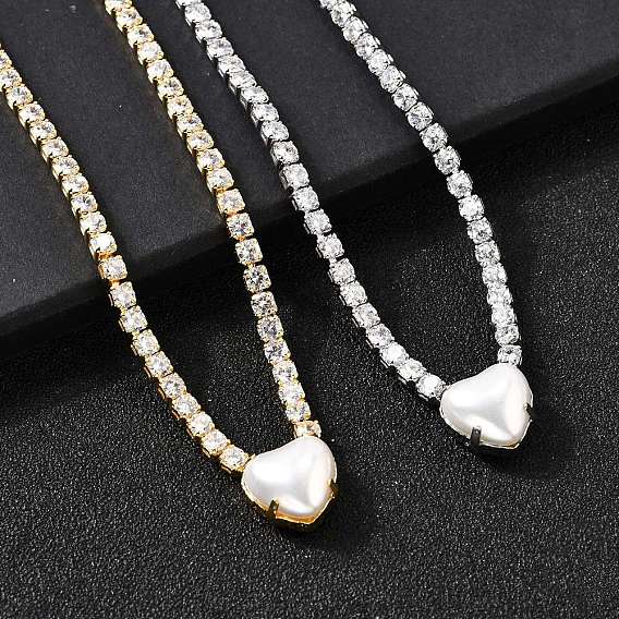 Теннисные ожерелья с прозрачными кубическими цирконами и латунным паве, ожерелья с подвесками из искусственного жемчуга белого АБС, стойки покрытие, долговечный, без свинца и без кадмия