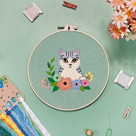 Наборы для вышивки своими руками цветок кошка, включая набивную хлопчатобумажную ткань, нитки и иглы для вышивания, пяльцы с имитацией бамбука