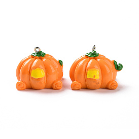 Opaque Resin Pendants, Pumpkin Carriage Charms, with Platinum Tone Iron Loops