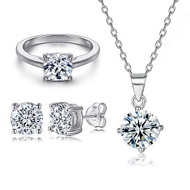 Classic Four-Prong Round CZ Ring & Earrings Set with S925 Silver Necklace - Women's Jewelry Trio